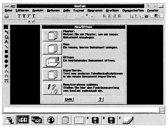 Startbildschirm einer Applikation (hier: GeoCalc)