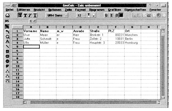 Einfügedaten in Form einer GeoCalc-Tabelle