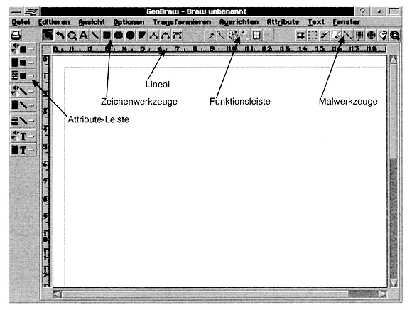Das GeoDraw-Fenster nach dem Start des Zeichenprogramms und der Auswahl in der Dialogbox 'Neu/Öffnen'