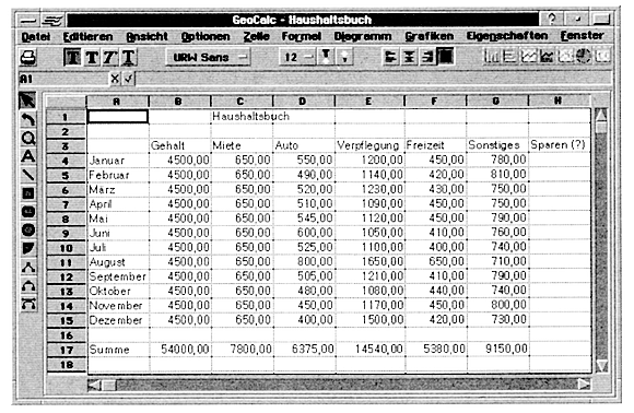 'Haushaltsbuch' mit berechneten Summen