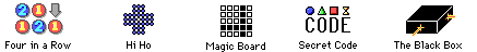 Spiele: Taipei Mahjongg, Four in a Row, Hi Ho, Magic Board, Secret Code und The Black Box