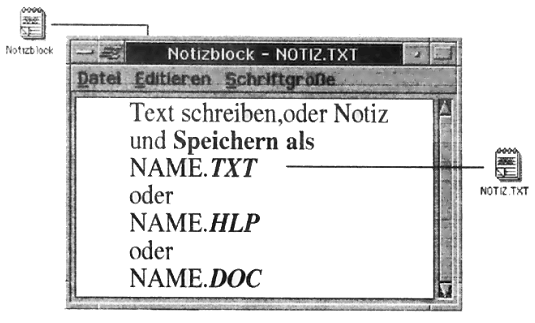 Notizblock: Text schreiben und speichern unter *.TXT, *.HLP oder *.DOC